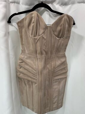 Balmain Suede Strapless Corset Mini Dress Nude Beige Size FR 34